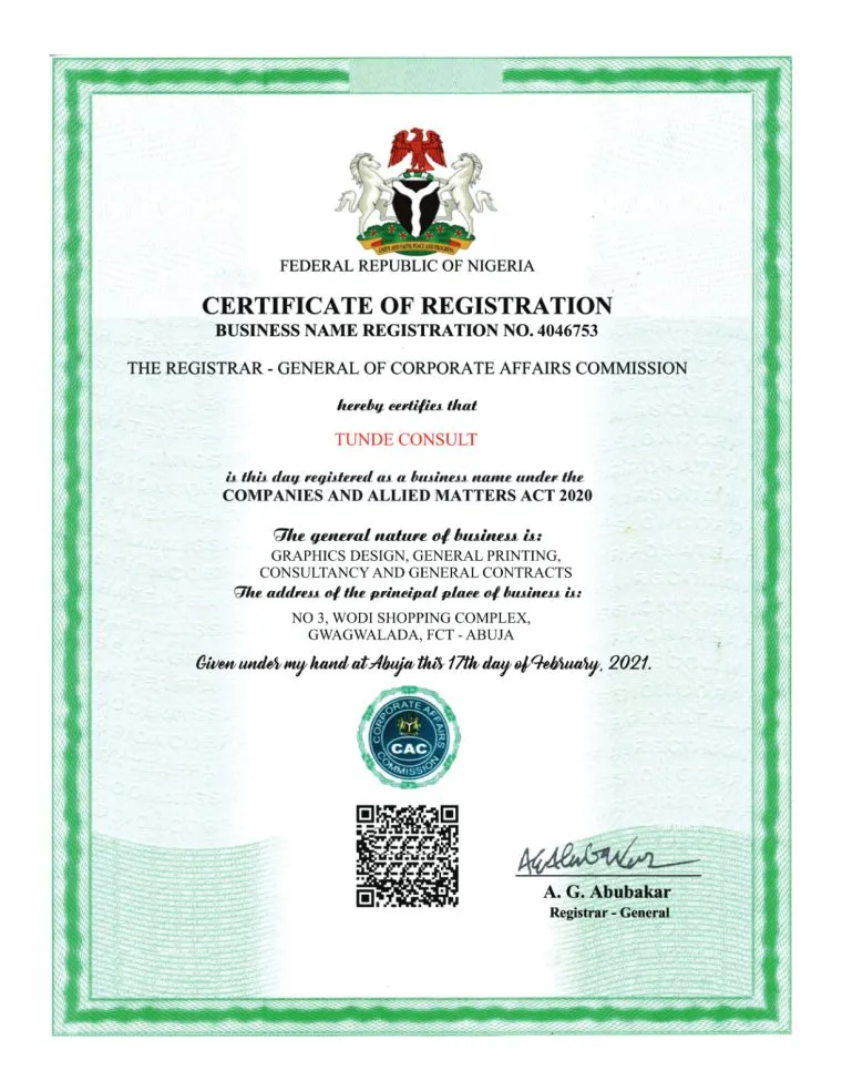 CAC Certificate of Registration first page