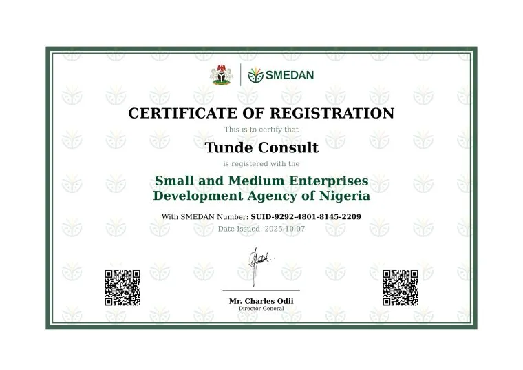 SMEDAN Certificate of Registration first page