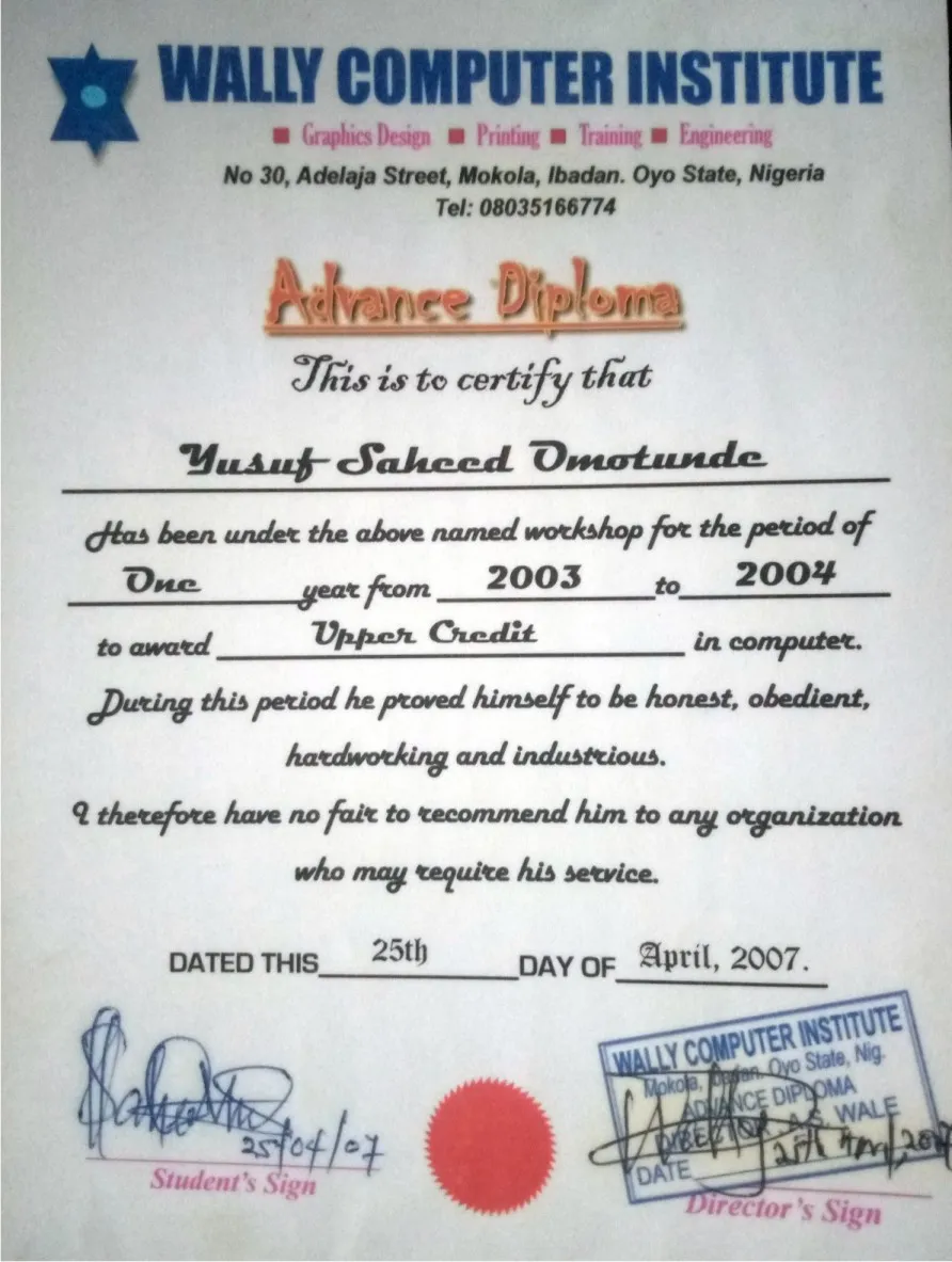 Wally Computer Institute Advance Diploma